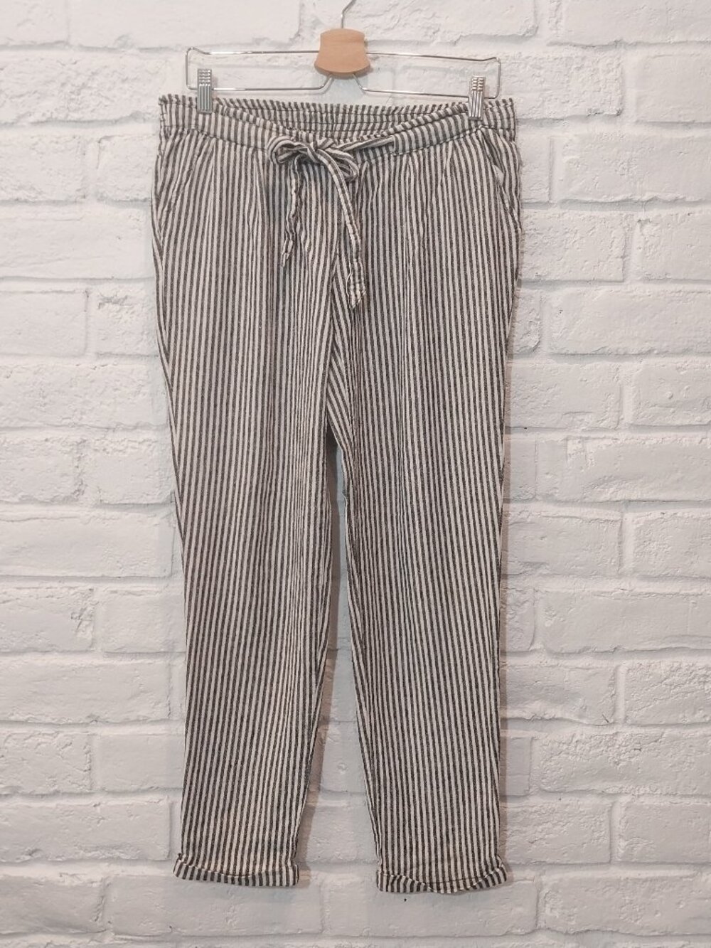 Jolt Linen Blend Drawstring Pants Womens Small 1 Striped Black White Pull On